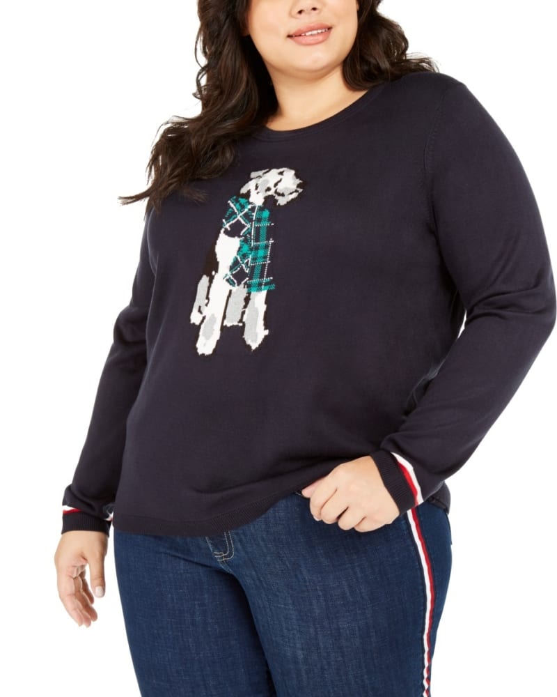 Front of a model wearing a size 3X Tommy Hilfiger Women's Plus Size Knit Dog Graphic Sweater Blue Size 3X in Blue by Tommy Hilfiger. | dia_product_style_image_id:314439